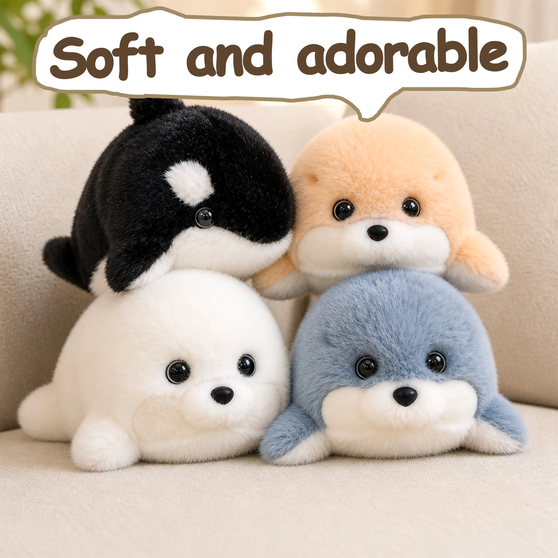 Soft Texture Adorable Design Stuffed Toys - Unisex Ocean-Themed Orca Whale & White Seal Plush Baby Dolls, Fluffy Fabric Cute Mini Animal Stuffed Toys, Kids' Birthday Gifts