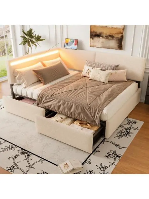 Mid-Century Beige Fleece Fabric Full Size Cloud Bed Frame - Right-Side Headboard, 2 Storage Drawers, LED Lighting, USB Charging, Solid Wood Legs & Slats, No Box Spring Needed, Apartment Indoor Furniture, Full Size Bed
