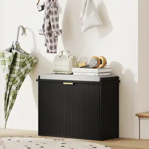 Black Shoe Storage Bench with Padded Seat Cushion and Flip-Drawer - Entryway Shoe Cabinet, 24.4x10.2x18.7 Inches