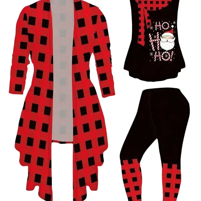 Women's 3pcs Red & Black Checkered Christmas Outfit Set with Long Sleeve Top and Plaid Leggings for Festive Occasions and Casual Wear Womenswear Clothes