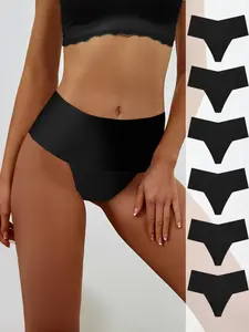 Women's Solid High Waisted Seamless Thong, Breathable Knicker, 6 Counts Underwear for All Seasons