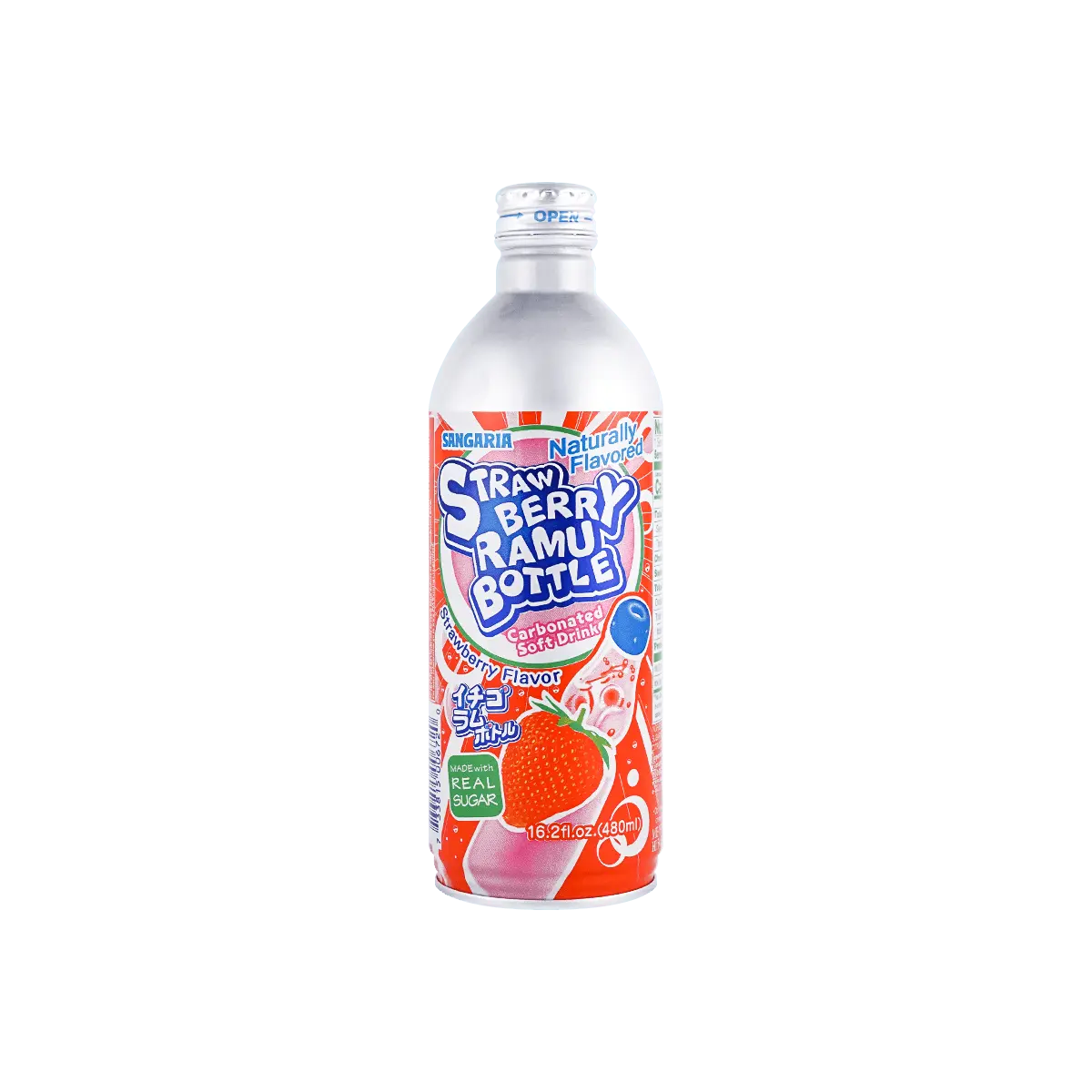 SANGARIA Japanese Ramune Soda - Strawberry Flavor - 480ml Carbonated Drink with Unique Marble Bottle