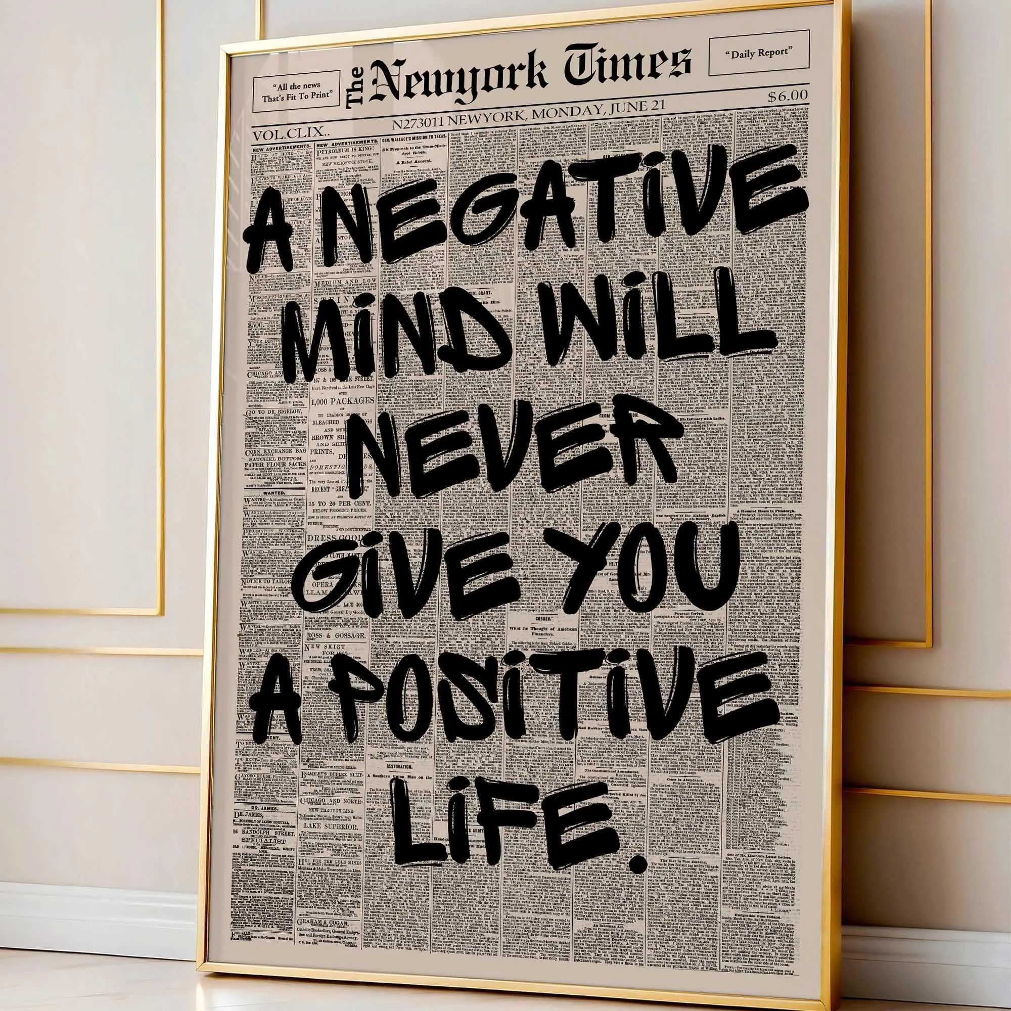 Retro Negative Mind and Positive Mind Quote Newspaper Wall Art, Typography Poster, Aesthetic Print, Inspiration Quote Art (No framed)