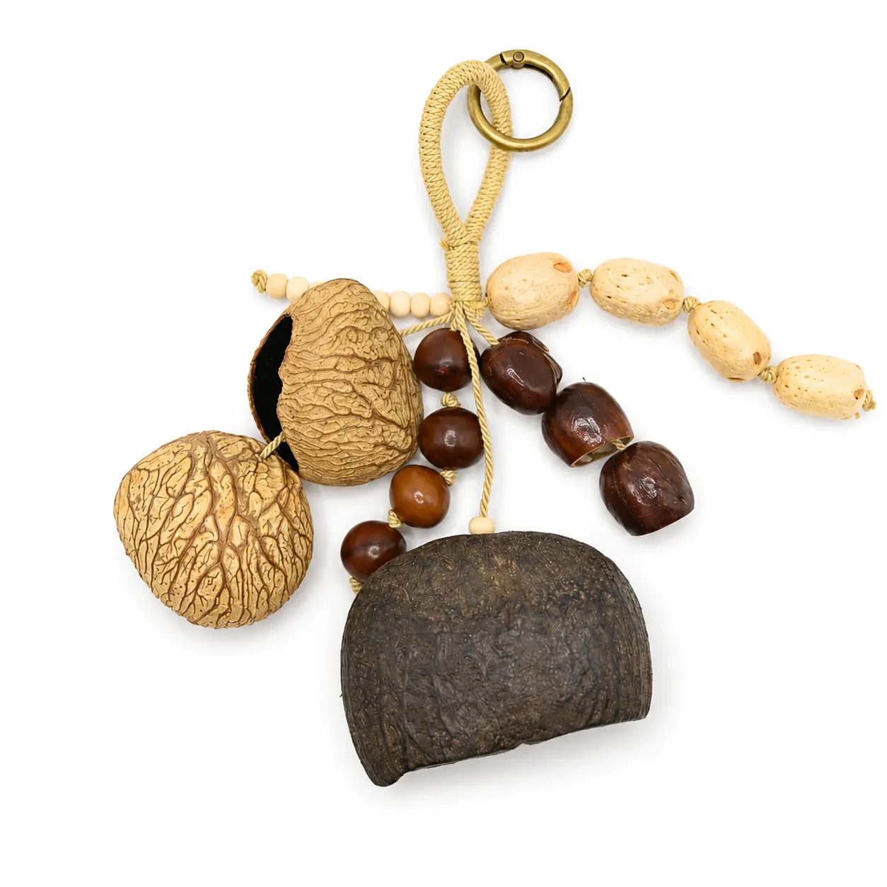 Natural Dried Nut Seed Pod Keychain Handmade Rustic Fruit Shell Bag Charm Mini Wind Chime Pendant, Calming Sound Boho Hanging Ornament Gift for Women Backpack Handbag Car Keys