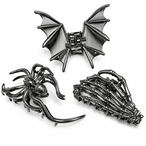 3 PCS Gothic Hair Claw Clips for Women, Metallic Black Bat Spider Skeleton Hand Hair Clips, Strong Hold Halloween Hair Accessories for Thick Thin Hair, Costume Party Everyday Styling Gifts