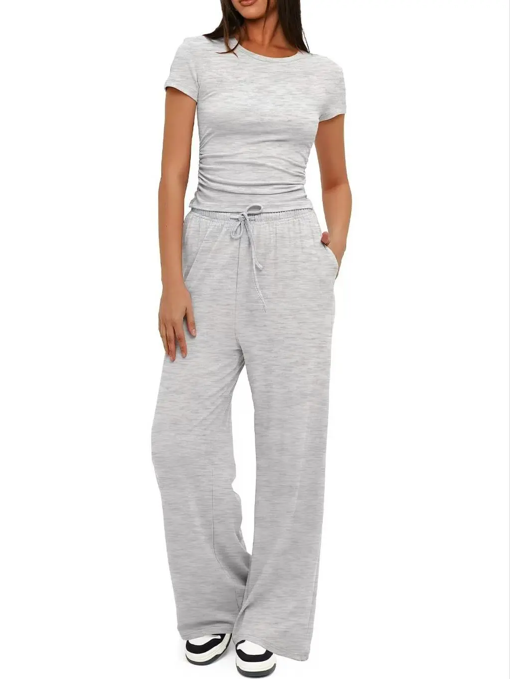 Women's 2-Piece Fashion Apparel Matching Set - Short-Sleeve Slim-Fit Round Neck Side Ruching Top, Wide Leg Pocket Pants, Elegant Casual Women's Clothing for Everyday Wear