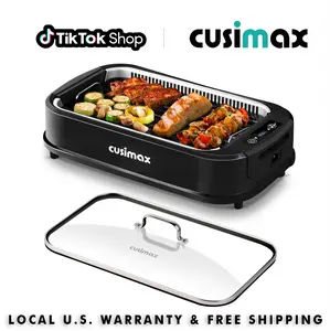 CUSIMAX Smokeless Portable Barbecue Grill - 1500W Compact Stainless Steel Indoor Electric Grill with Turbo Smoke Extractor, Nonstick Removable Pan, Glass Lid for Home Cooking, Smokeless Grills summervibes