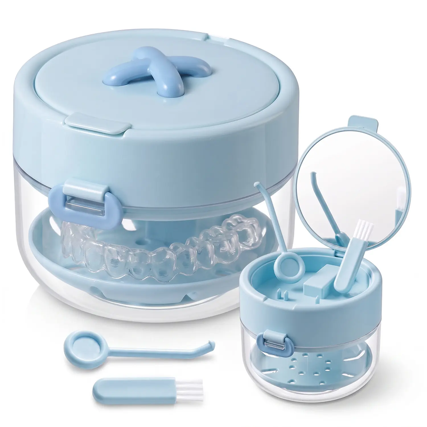 Leakproof Oral Retainer Cleaner Case Box with Automatic Lifting Strainer Basket, Daily Cleansing Denture Care Tool Set (Mirror, Brush, Cleaning Tool) & Lightweight Aligner Bath Cup for Storage, Travel/Home Use