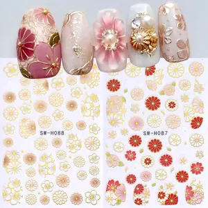2 Pcs Spring Floral Nail Art Stickers, 3D Cute Japanese Cherry Blossom Gold Edge Flower Design, DIY Spring Summer Nails for Women and Girls