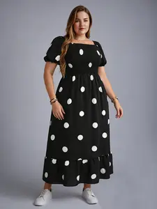 【Plus Size】 Frenchy Style Ditsy Floral Print Puff Sleeve A Line Maxi Dress, Square Neck Shirred Dress, Dresses for Women, Women's Clothes for Summer, Casual Wear