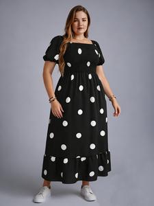 【plus size】 frenchy style ditsy floral print puff sleeve a line maxi dress, square neck shirred dress, dresses for women, women's clothes for summer, womenswear