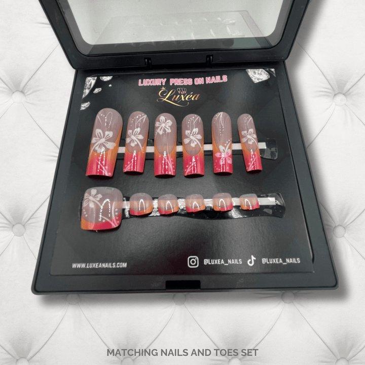 LUXEA Pink & Orange Floral Ombre Matching Nails & Toes Set