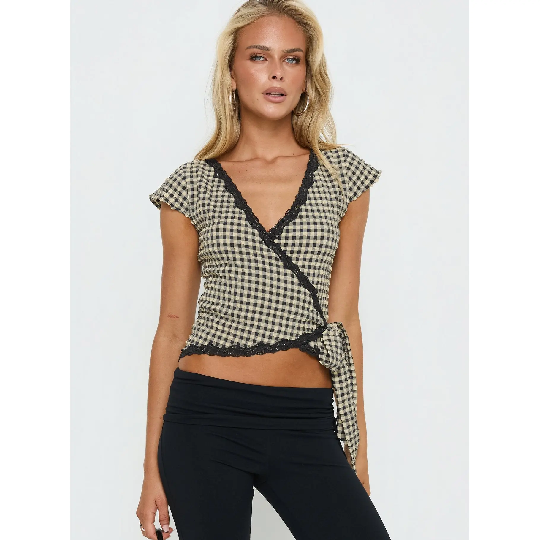 Meltwater Lace Trim Wrap Detail Top Black Check - TikTok Shop