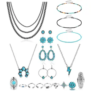 Turquoise Jewelry for Women Bohemian Western Jewelry Set Navajo Pearl Necklace Beaded Choker Necklace Turquoise Earrings Bracelet Vintage Knuckle Rings Boho Western Jewelry for Women