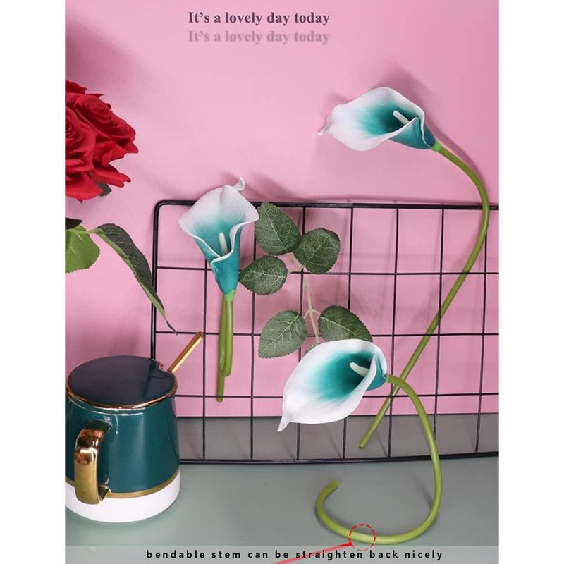 Mini Artificial Calla Lily 10 Stem Bridal Bouquets Artificial Latex Real Touch Flowers for Home Party Decor (Teal Blue White)