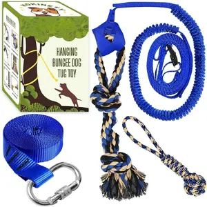 Bungee Tug : Interactive Tether Tug-of-War for Pitbull Small to Large Dogs to Exercise and  Equipment - Outdoor Tree Tugger  Rope  with 2  Rope Toys - Blue