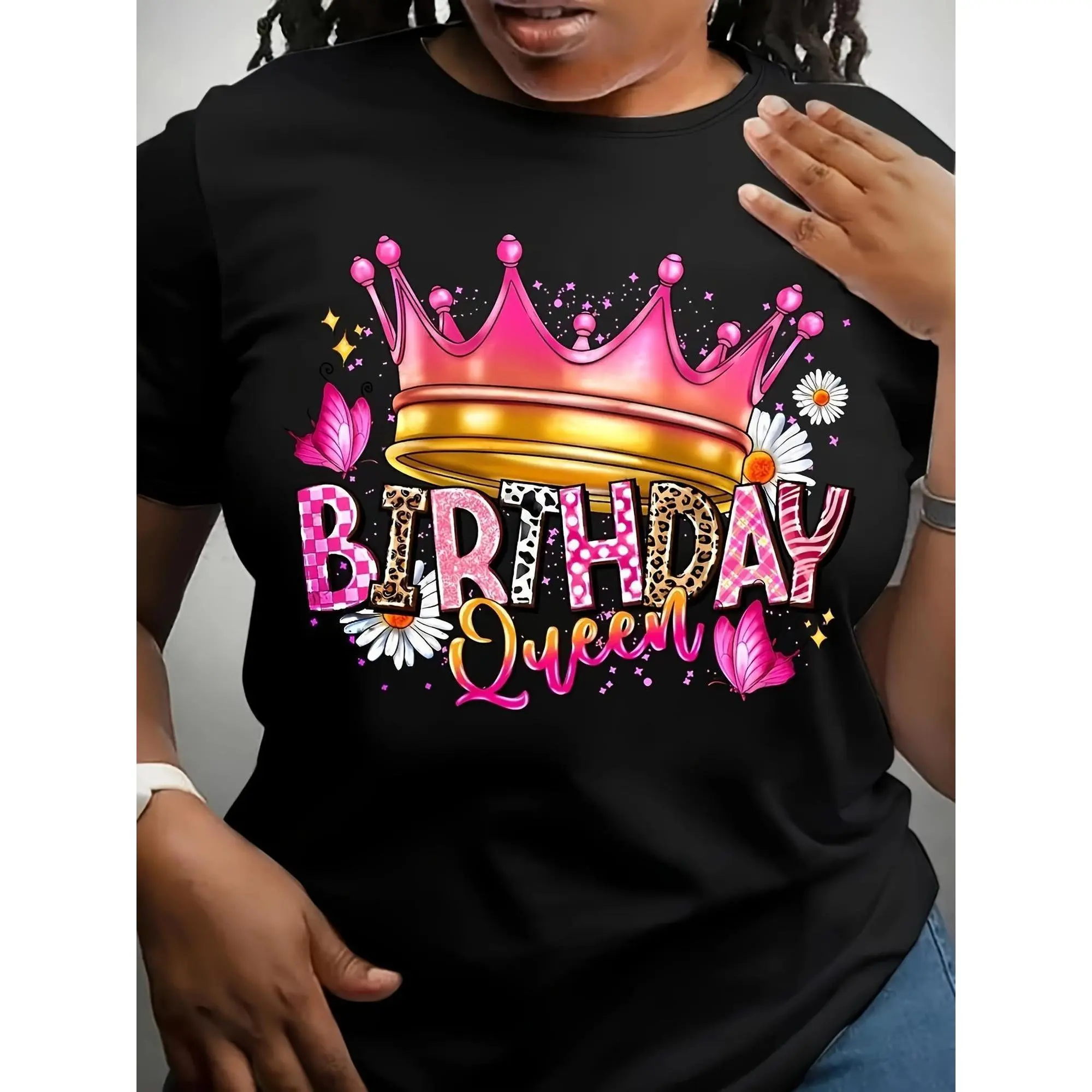 Women's Fitted Short-Sleeve Tops - Custom-Printed T-Shirt, Round Neck Festive Black Lightweight Cotton Blend with "Birthday Queen" Slogan, Glitter Crown & Floral Design for Birthday Celebrations, Shortsleeve