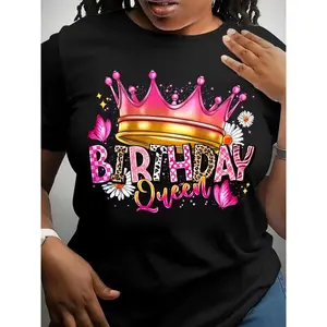 Women's "Birthday Queen" Festive Black T-Shirt - Casual Crew Neck, Short Sleeve with Glittery Crown & Floral Design, Lightweight Cotton Blend, Perfect for Spring & Summer Celebrations, Birthday Shirt