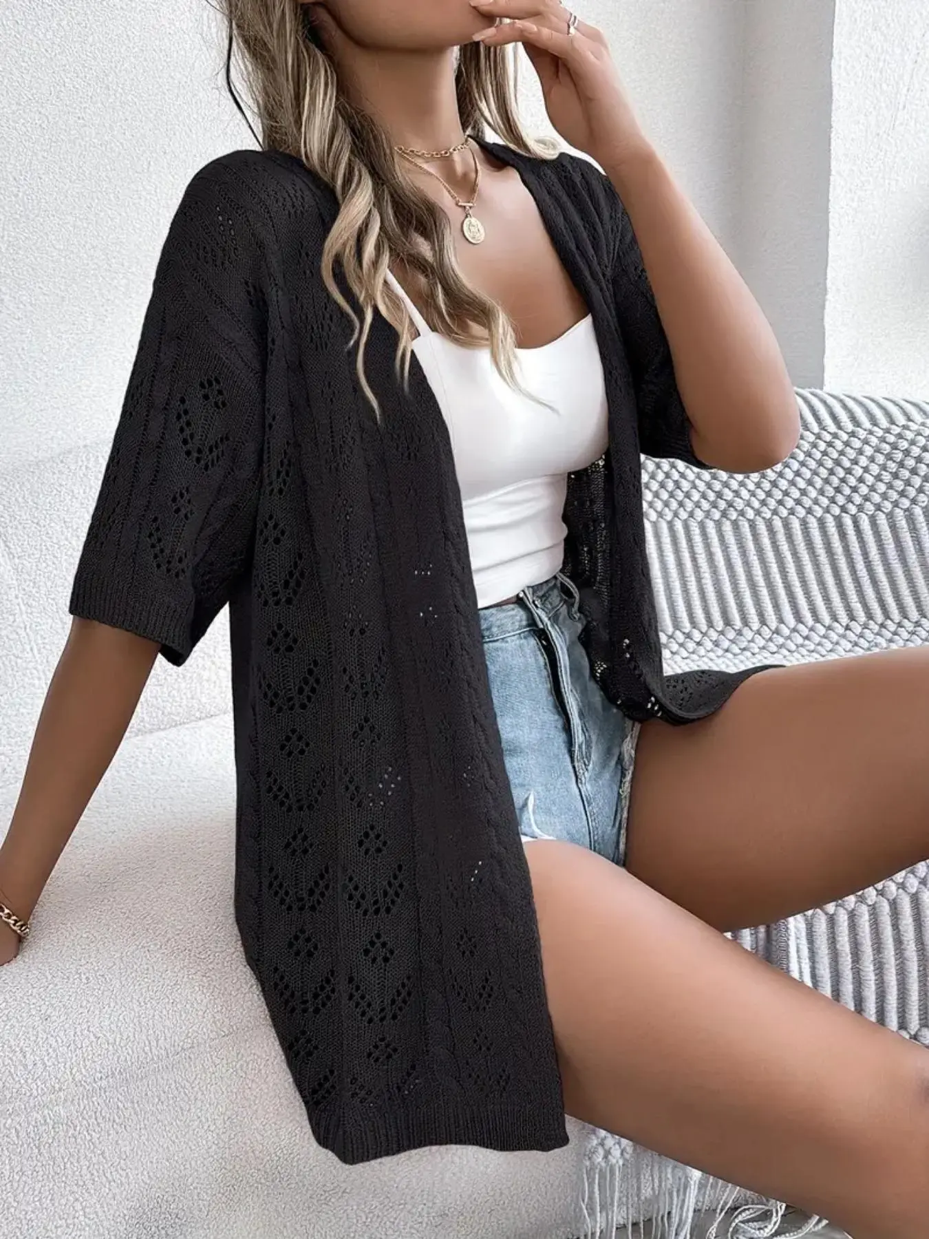 Elegant Women's Short Sleeve Open Knit Cardigan, Lightweight Fashion Eyelash Lace Eyelet Fitted Design for Summer Vacation & Casual Wear, Polyester Fabric, Knitwear, Knitting, Tops, Knit Cardigan Sweaters