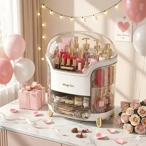 Elegant Amberry Multifunctional Makeup Storage Box, Portable Transparent Multi Compartment Cosmetic Organizer with Gold Accents, No Power Needed, Perfume Holder, Cosmetics Organizer Storage