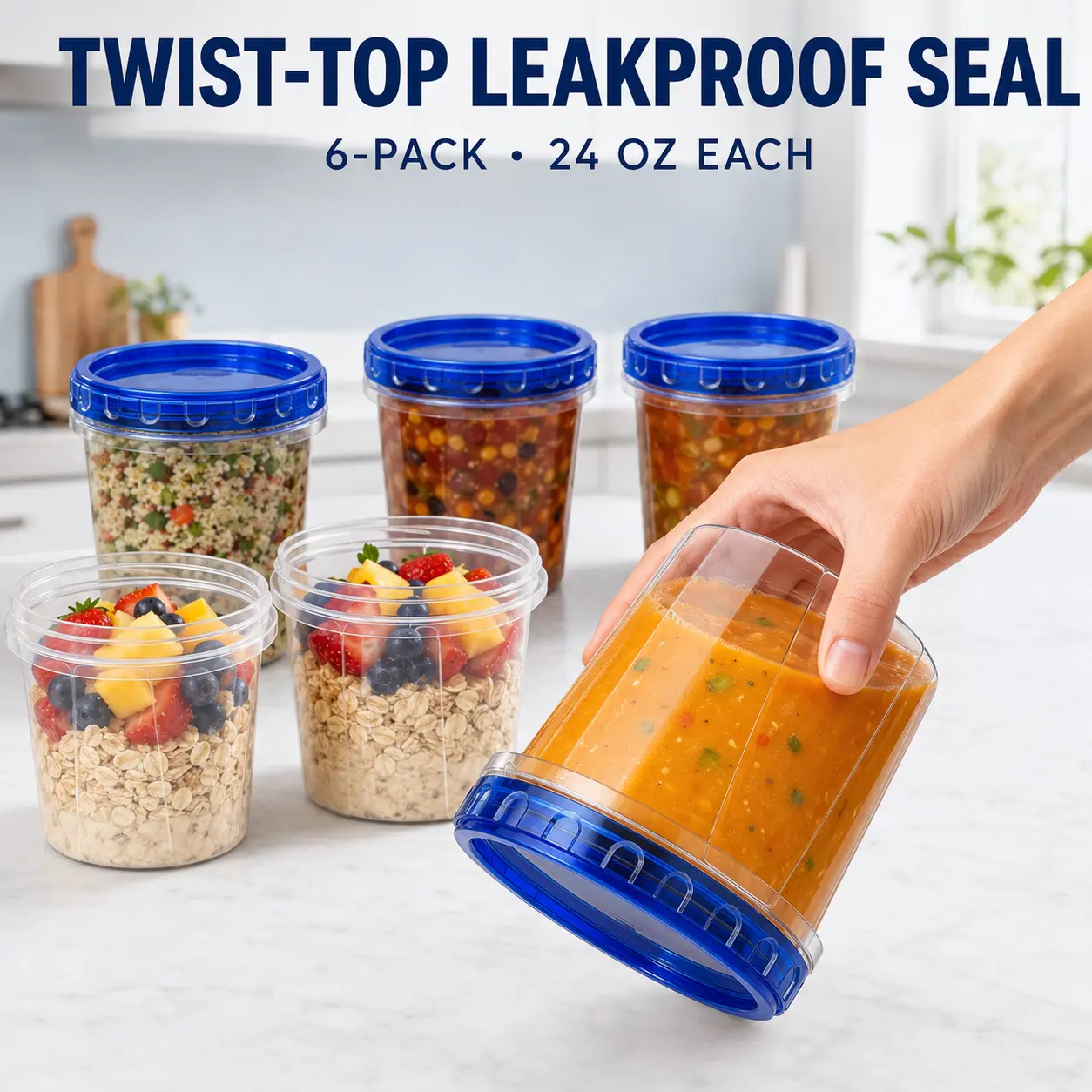 6-Pack Round Reusable Plastic 24oz Food Storage Containers with Twist-Top Leakproof Lids, Stackable for Meal Prep, Leftovers, Vegetable Storage