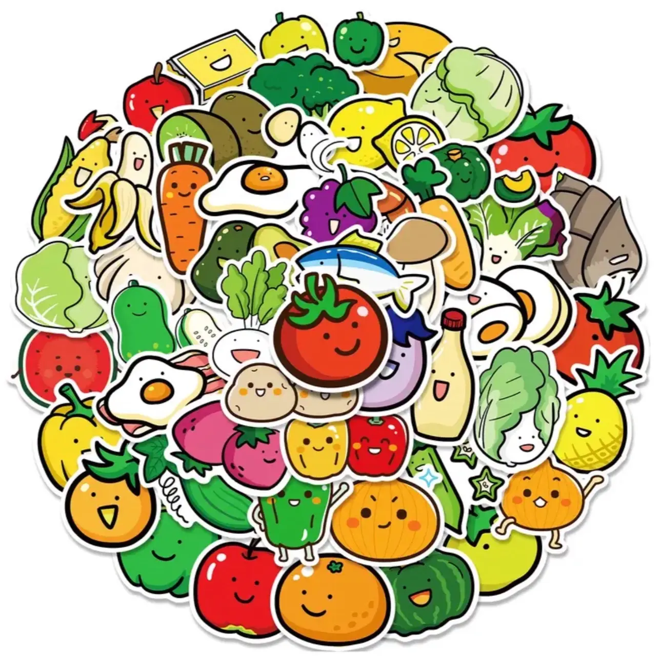 50 Pack of Fruit and Vegetables Food Stickers ~ Waterproof ~ No Duplicates