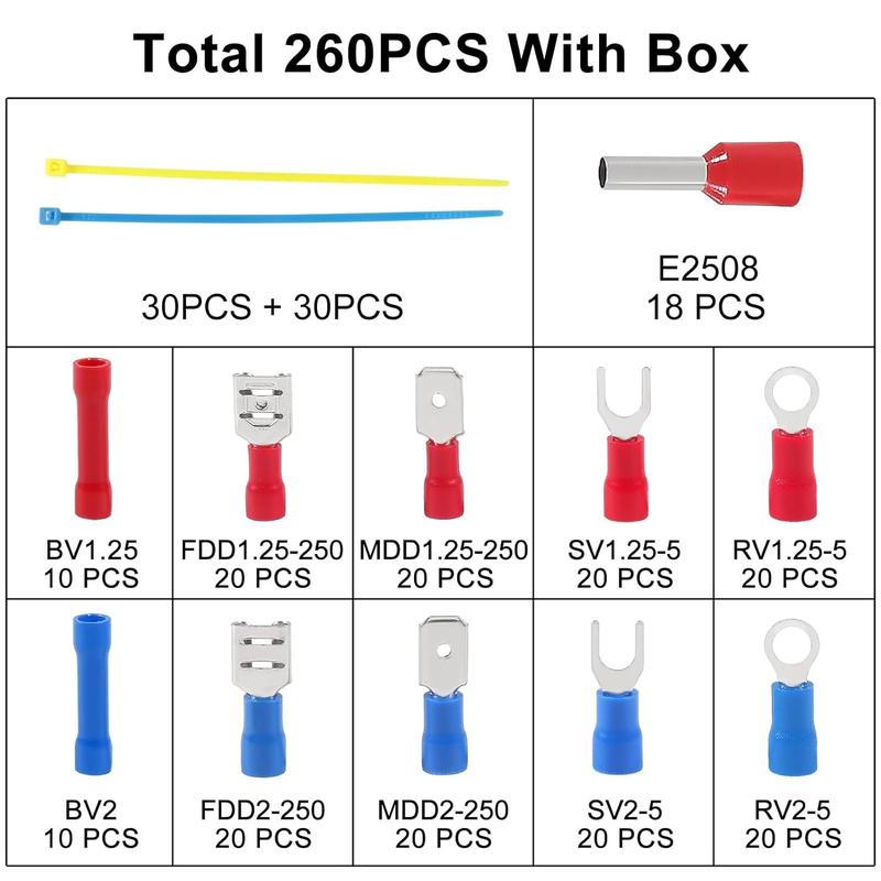 260PCS Crimp Connectors and Terminals Kit Heat Shrink Assorted Full Insulated Wire Insulated Electrical Connector Assorted Spade Ring Fork Assortment Kit