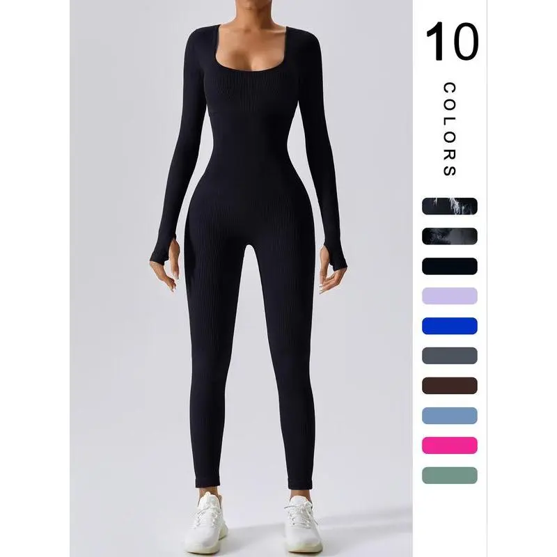 Women's Solid Ribbed Long Sleeve Second-skin Feel Tight-fitting Playsuit Tummy Control Jumpsuit for Fall, Workout Ribbed Bodycon Jumpsuit, Sports Jumpsuits for Women, Running Outdoor Active Wear, One-piece Yoga Suit, Unitard Bodysuit Fitness