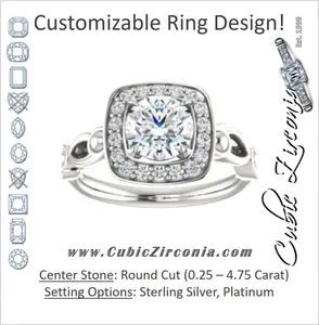 Cubic Zirconia Engagement Ring- The Deb (Customizable Round Cut Design with Large Halo, Fleur-de-lis Trellis and Bubbled Infinity Band)