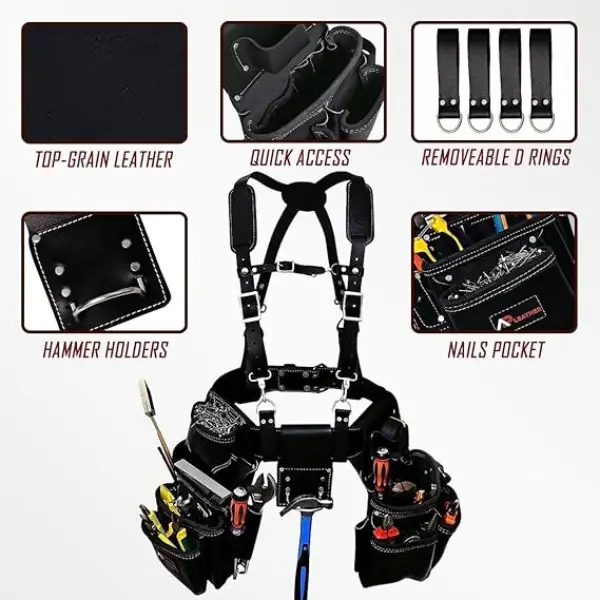 Real Cowhide Oil-Tanned Leather Tool Belt/Pouch/Framer Set for Men & Women – 26 Pocket Tool Belt with Suspenders for Carpenters, Electricians, Gardeners & Construction Work