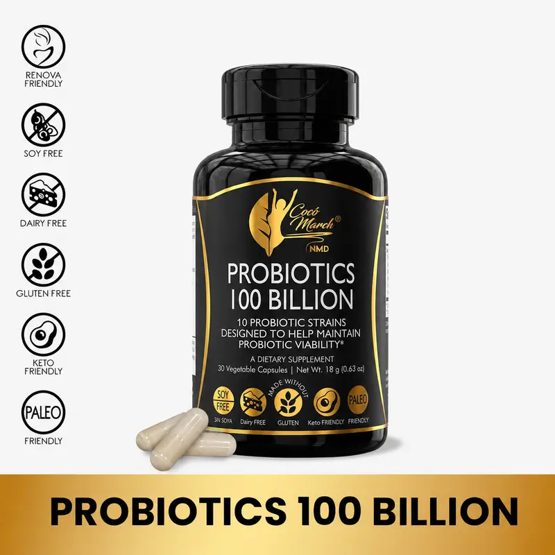 Cocó March N.M.D Probiotics 100 Billion Dietary Supplement, Digestive Health Support Wellness - 30 Capsules per Bottle