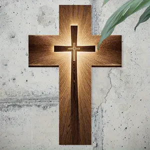 20x30 cm religious wall cross decoration - Wooden cross decorations, golden halo effect, wood grain appearance - church, home, office decoration - Christmas, Easter, Thanksgiving - spiritual decoration, church interior design, holiday decoration