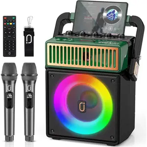 PA Speaker System with 2  Mics, Retro 60W Karaoke Machine with LED Lights, Supports Recording, USB/TF/AUX/MIC Input for  Party