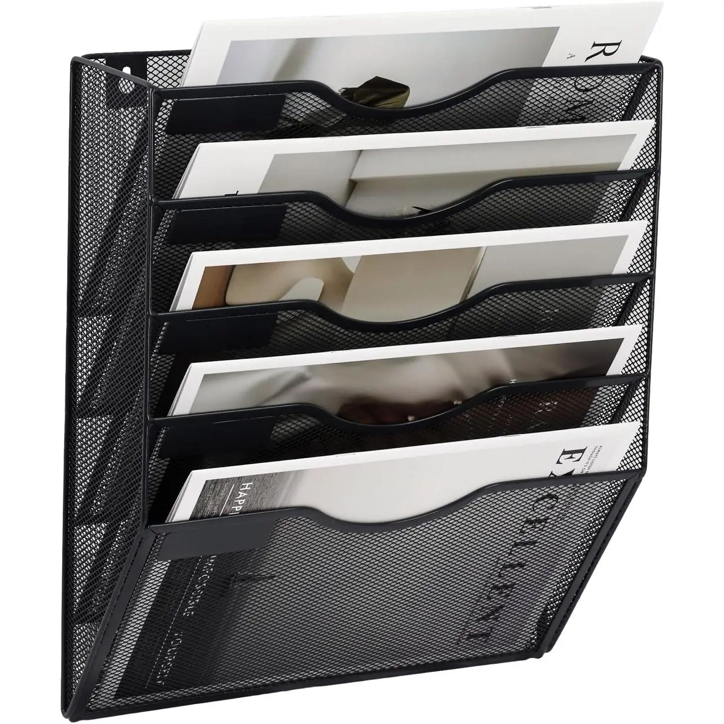 5 Pocket Mesh Hanging Wall File Organizer, Wall Mounted Mail Paper Document Folder Holder, Clipboard Storage Organization Magazine Rack with Nametag Label for Office Home School, Black