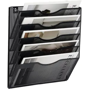 5 Pocket Mesh Hanging Wall File Organizer, Wall Mounted Mail Paper Document Folder Holder, Clipboard Storage Organization Magazine Rack with Nametag Label for Office Home School, Black