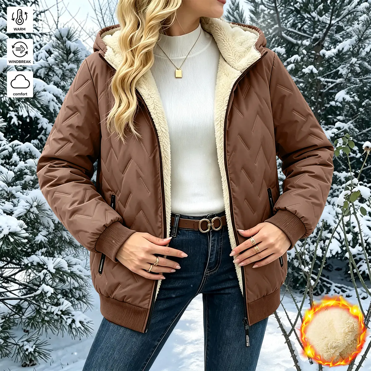 Women’s winter fleece jacket, plush fleece lining, hooded cold-resistant warm outerwear, women’s jackets, women’s winter outfits