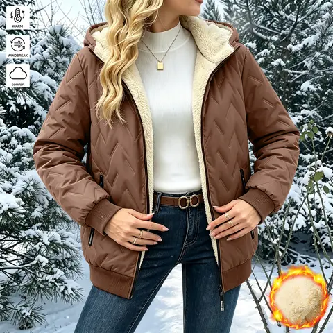 JOGWAVE Women’s Winter Plush Fleece Hooded Jacket - Cold-Resistant Warm Outerwear with Zip Closure, Basic Casual, Medium Cut, Jackets for Women