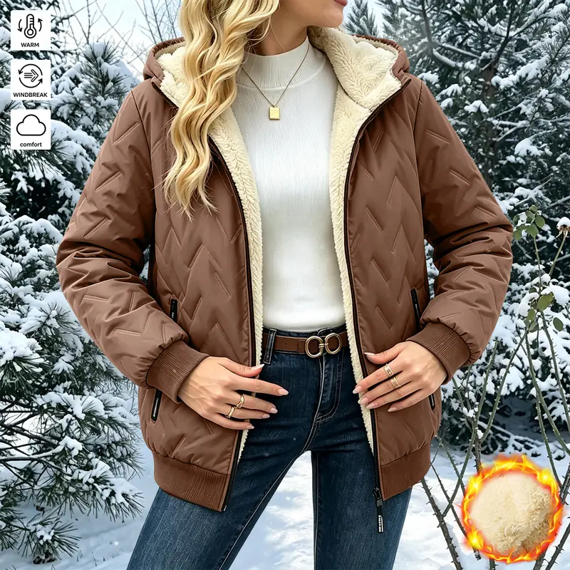 JOGWAVE Women’s Winter Plush Fleece Hooded Jacket - Cold-Resistant Warm Outerwear with Zip Closure, Basic Casual, Medium Cut, Jackets for Women