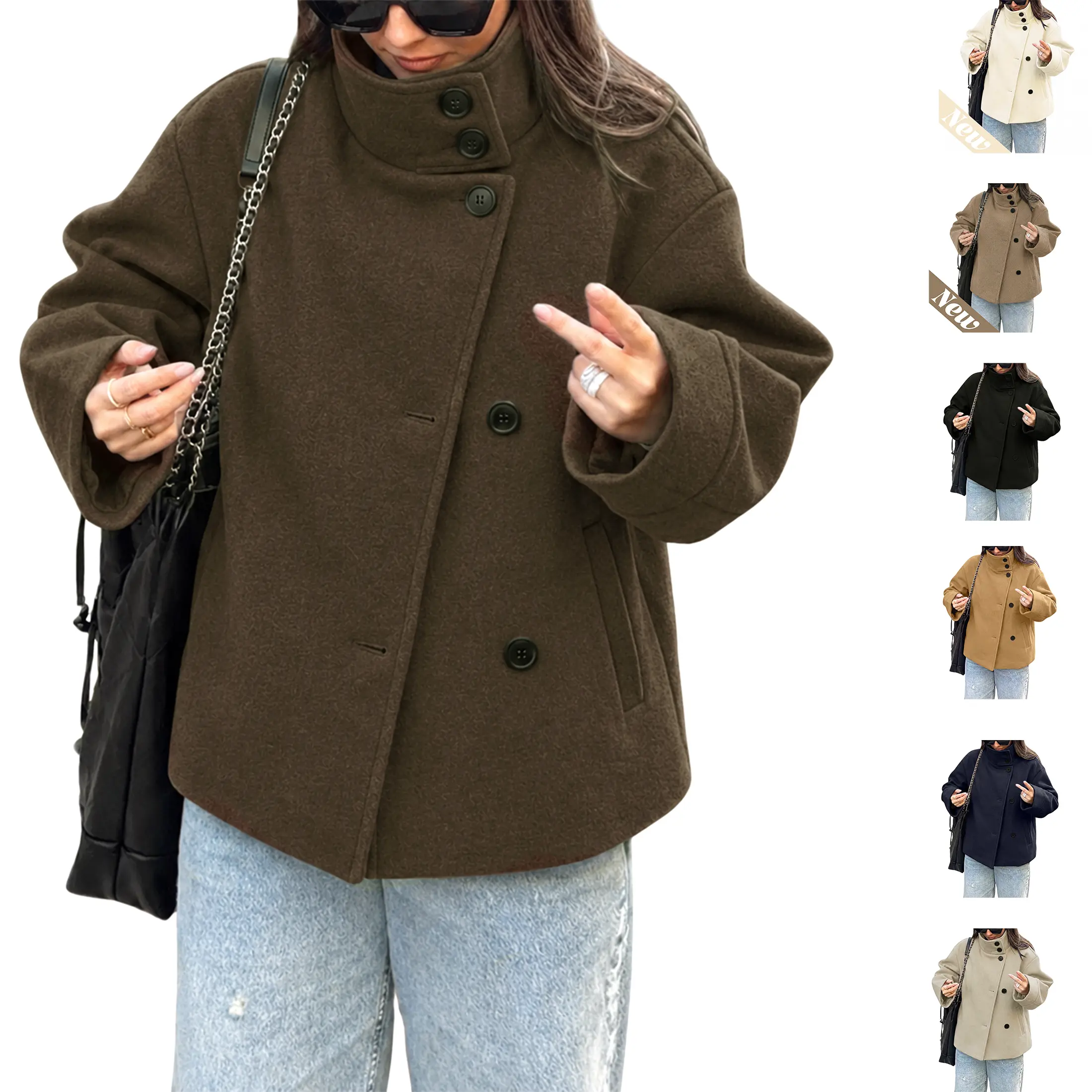 Wandal Women’s Basic Long-Sleeve Solid Wool-Blend Cropped Pea Coat - High Stand Collar, Warm & Cozy, Loose Fit, Button-Front Minimalist Commuter Casual Winter Outerwear