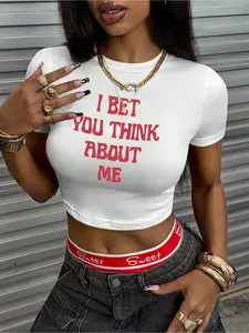 Women's Casual Letter Print Cropped T-Shirt, Y2K Slim-Fitting Round Neck Top for All Seasons, Ideal for Layering and Everyday Wear