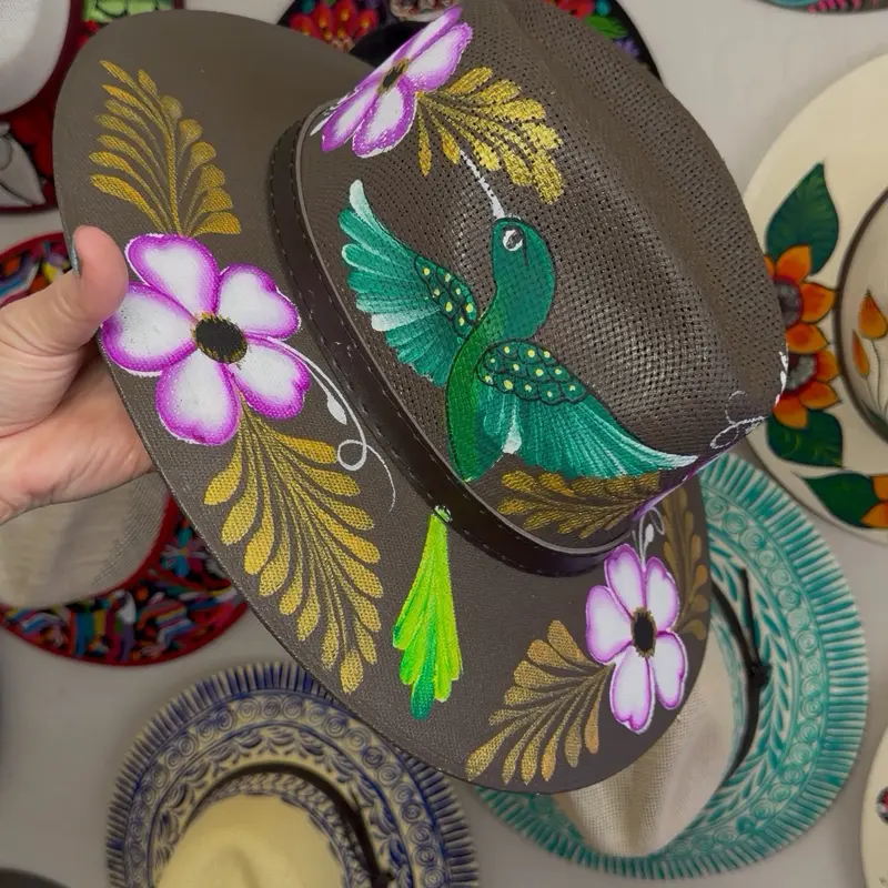 Hand-Painted grey Hummingbird Hat  Floral Wide Brim Mexican Artisan Hat