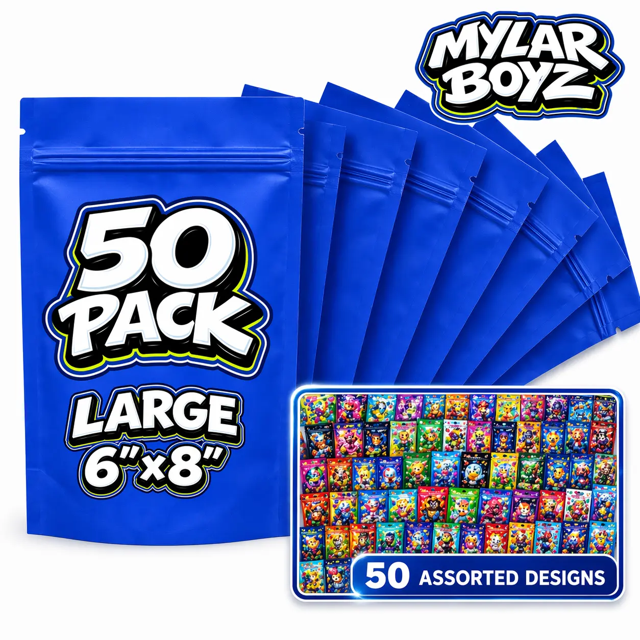 50 Pack Large (6inx 8in) Zip Bags Packaging Bundle – Assorted Designs
