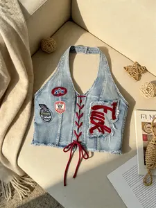 Vintage Halter Neck Crop Denim Top, Embroidered Letter Patch, Slim-Fitting Casual Shirt, Perfect for Vacation and Dates