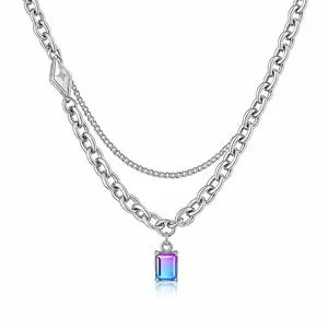 Premium Titanium Steel Double Layer Necklace – Gradient Gemstone Pendant, Unisex Y2K Chain