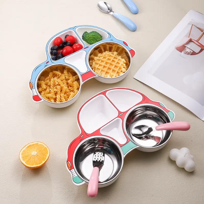 304 Stainless Steel Children's Car-Themed Dining Set — Toddler Plates And Bowls Set, Detachable & Washable Baby Feeding Bowl, Creative Cartoon-Style Divided Plastic Plate Set