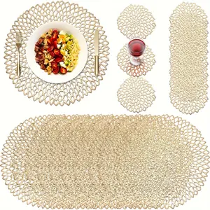 24 One, Table Decoration Suit, Golden, round Placemat, Embossed Plastic Table Mat, Metal Placemat, Coasters Suits Suit, Including 12 One Placemat and 12 One Coaster, Hollow round Table Mat, Suitable for Wedding Banquet Dinner