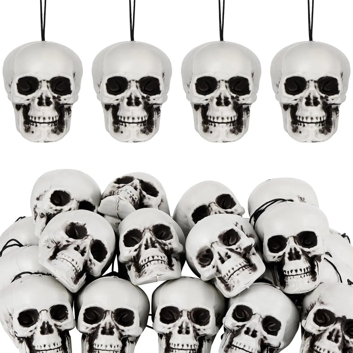 24 count Halloween Skull Hanging Tree Ornament Decor Plastic Mini Halloween Skulls  Small Skeleton  Decoration Hanging Ornament for  Saint's Day Party Supplies (1.8x1.8x2.4'')