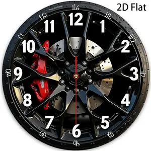 2D flat design. 1 piece set. Creative Wall Clock for Sports Car Wheel Brakes, Silent Decorative Wall Clock, Creative Wall Clock, Suitable for Bedroom, Living Room, Office Decoration, 25/30cm (Excluding AA Battery), 2D Flat Version
