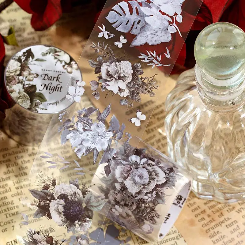 Vintage Flower Pattern PET Tape, 1 Roll DIY Decorative Tape, Scrapbooking & Journal Making Material Tape, Office Stationery & Supplies