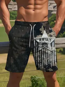 Men's Summer Casual Beach Shorts, 3D Digital Print Military Style, Comfortable Elastic Fabric, Regular Fit for Vacation Wear